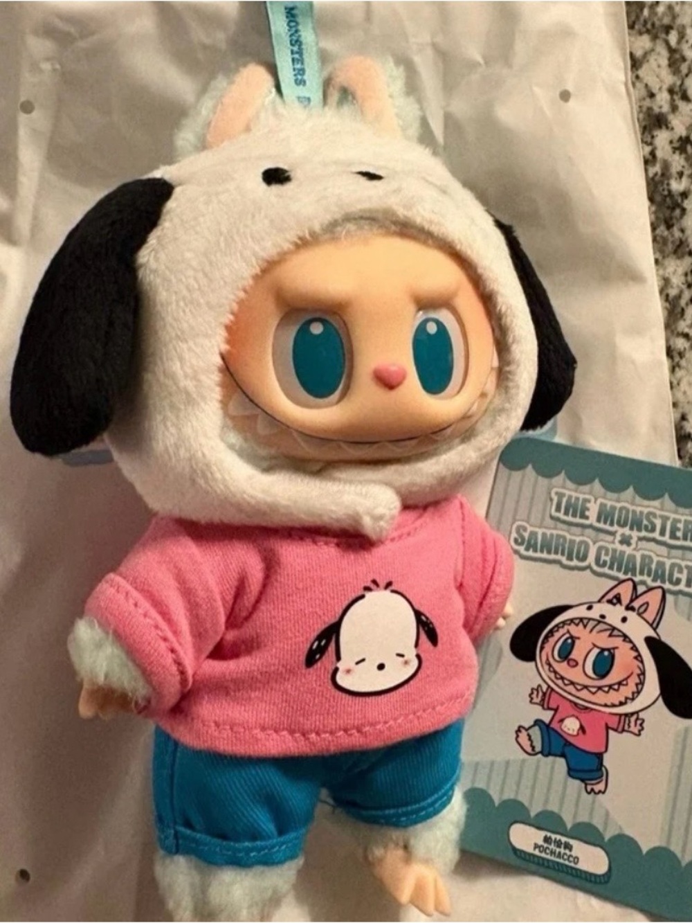 Sanrio Pochacco Plush Doll in Pink Hoodie and Blue Shorts